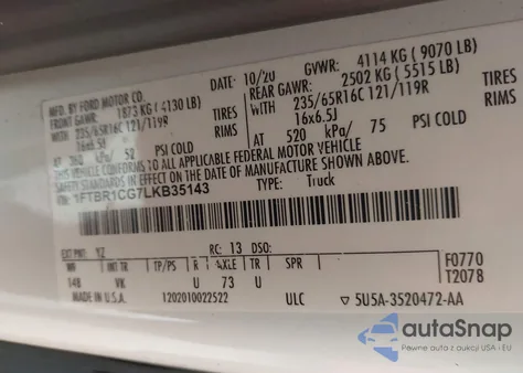 2020 Ford Transit-250 из США, поврежденный, VIN 1FTBR1CG7LKB35143